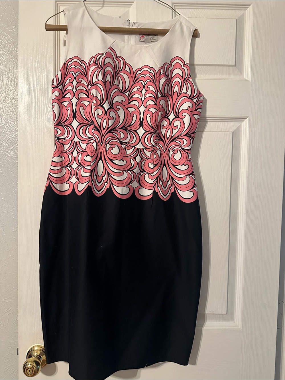 CeCe Pink, White and Black Patterned Sheath Dress